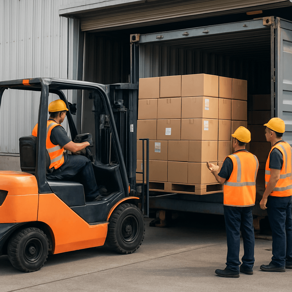Forklift loading boxes into a shipping container