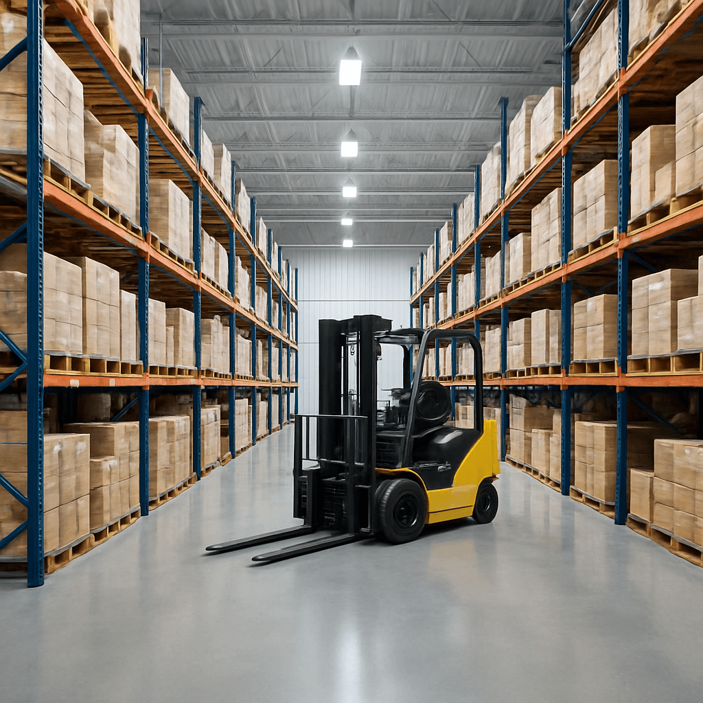 Modern warehouse interior with pallet racking and a forklift